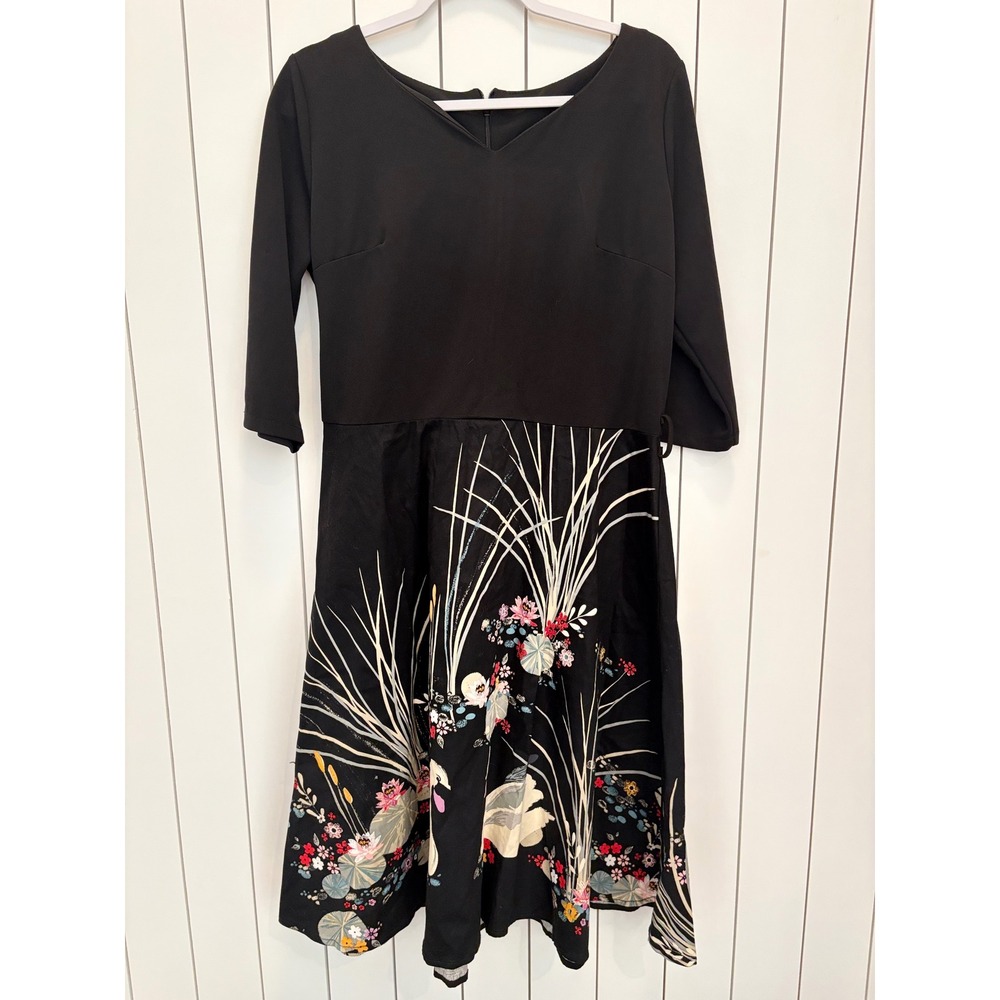 Ayli Vintage Style Fit & Flare Dress XXL Black Swan Floral Retro Rockabilly